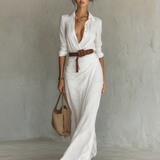 Vestido Maxi com Colarinho de Lapela e Mangas Compridas