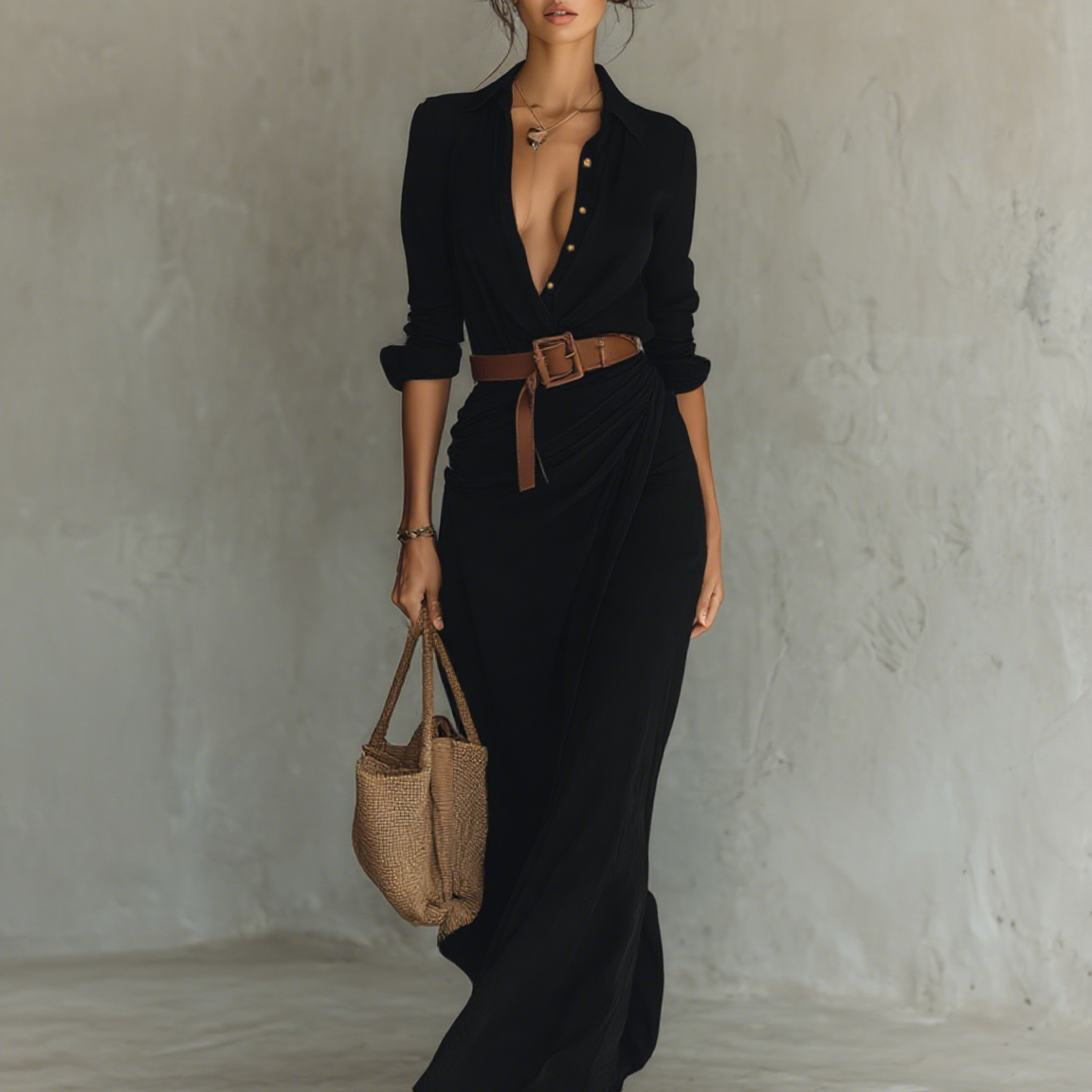 Vestido Maxi com Colarinho de Lapela e Mangas Compridas