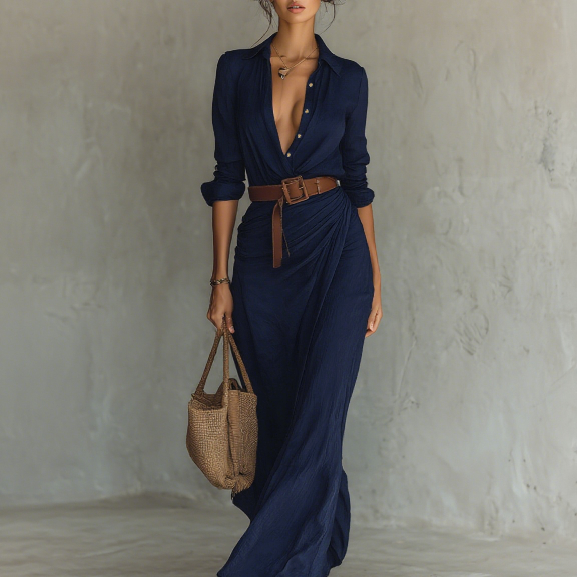 Vestido Maxi com Colarinho de Lapela e Mangas Compridas