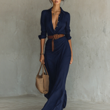 Vestido Maxi com Colarinho de Lapela e Mangas Compridas