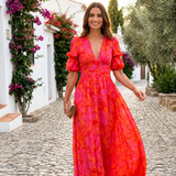 Aurora – Vestido Longo Floral com Mangas Bufantes
