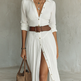 Vestido Maxi de Linho Branco com Pregas