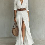 Vestido Maxi de Linho Branco com Pregas