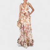 Isabela - Vestido comprido com folhos florais